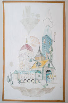 The ink drawing shows a floating island with multiple buildings stacked behind each other. The building are covered in a variety of intricate decorative patterning. In the far background, there is the pale shadow of another floating island.