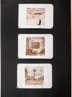 Triptych of three landscape A5 pages mounted on black portrait backing. The first image shows a small black dog sitting on a beach in the bottom right corner. The second, window protected by ornate ironwork and framed by foliage. The third shows a metal wi